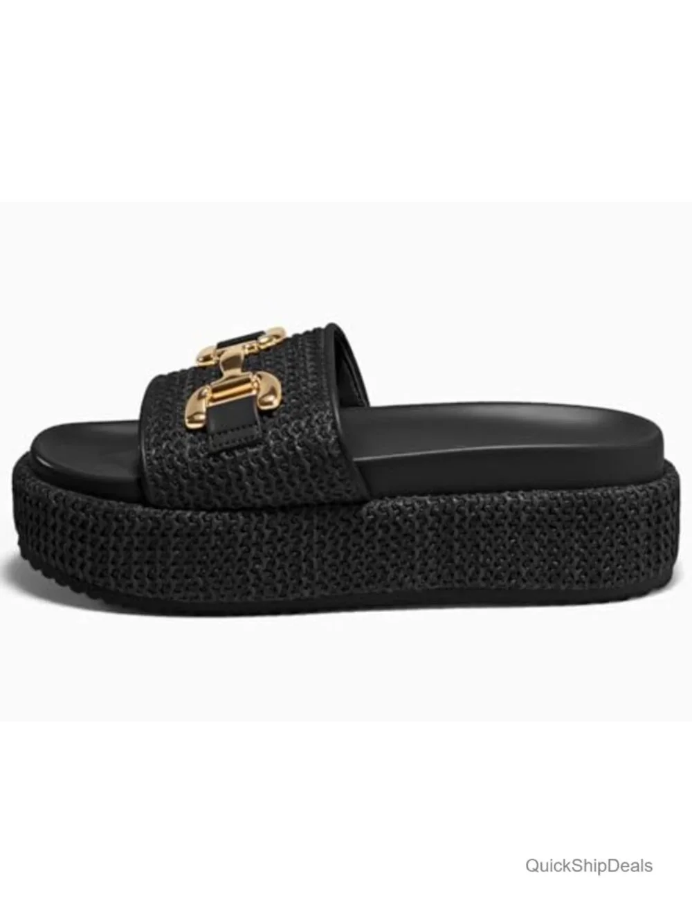 Women's Platform Sandals Raffia Espadrilles with Metal Chain - Slip On Slide